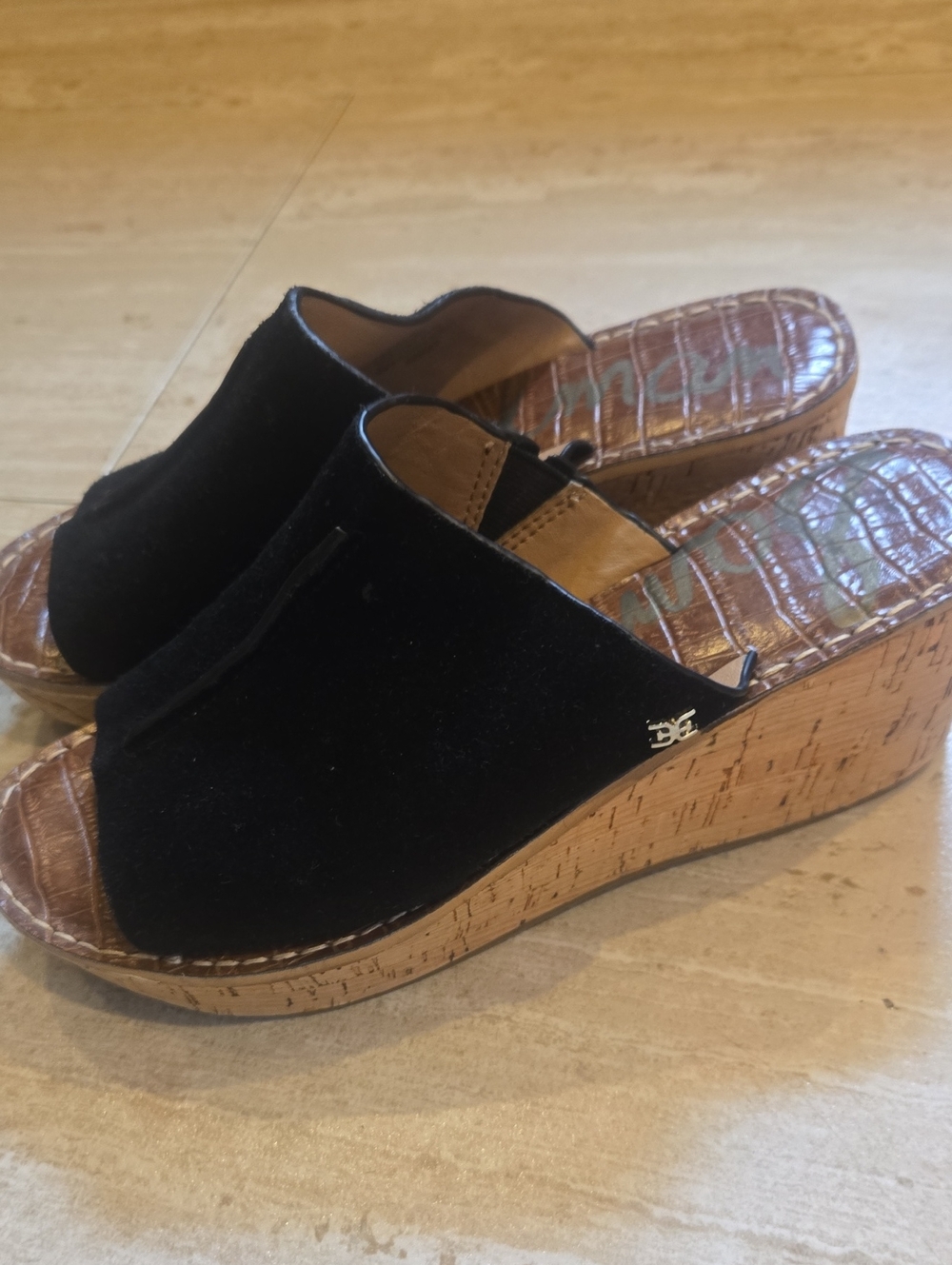 Sam Edelman Black Suede Cork Wedge Open Toe Slide Sandals